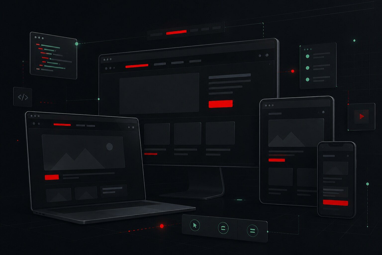 Abstract responsive web layout frames in a dark product studio